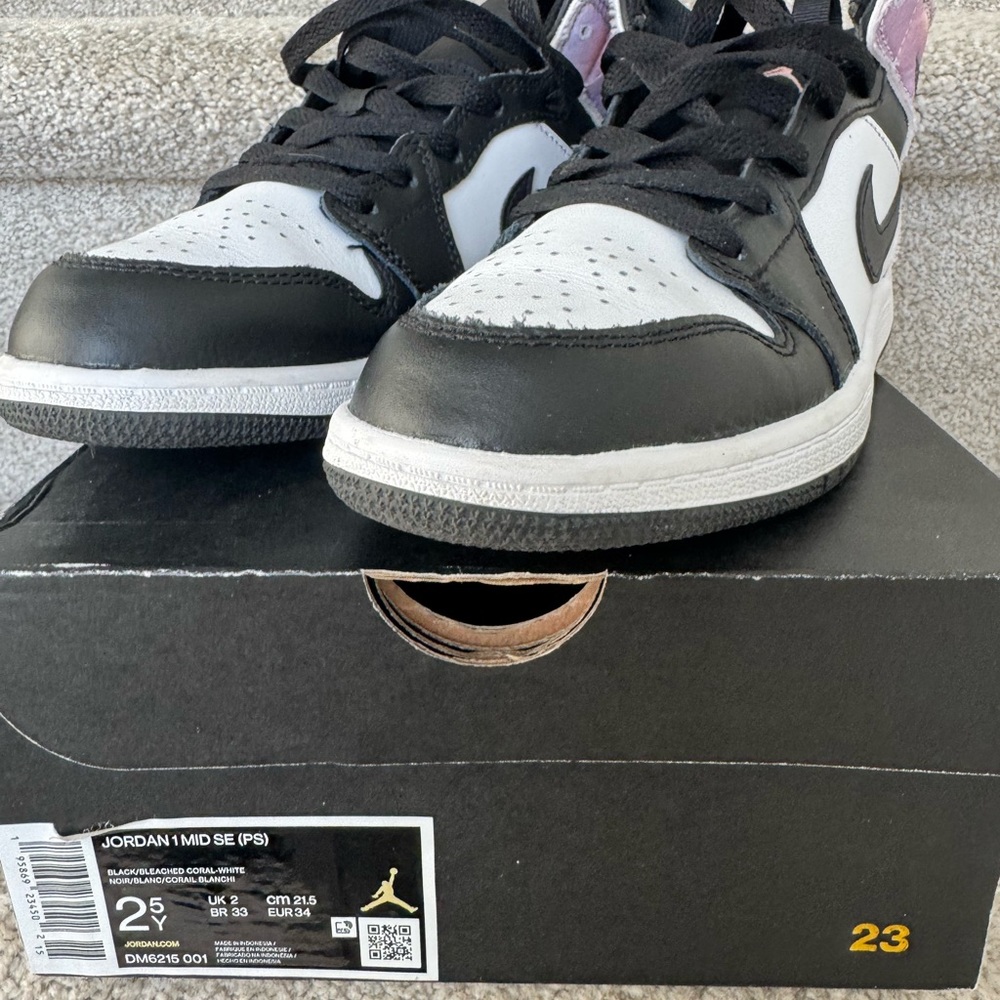 KIDS Nike Air Jordan 1 Mid SE Black and White Sneakers with purple and pink